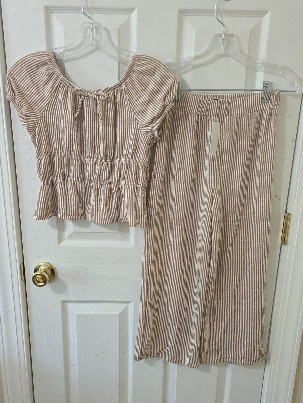 Lily Bleu Girls Beige & White Striped Two-Piece Top and Wide-Leg Pants Set